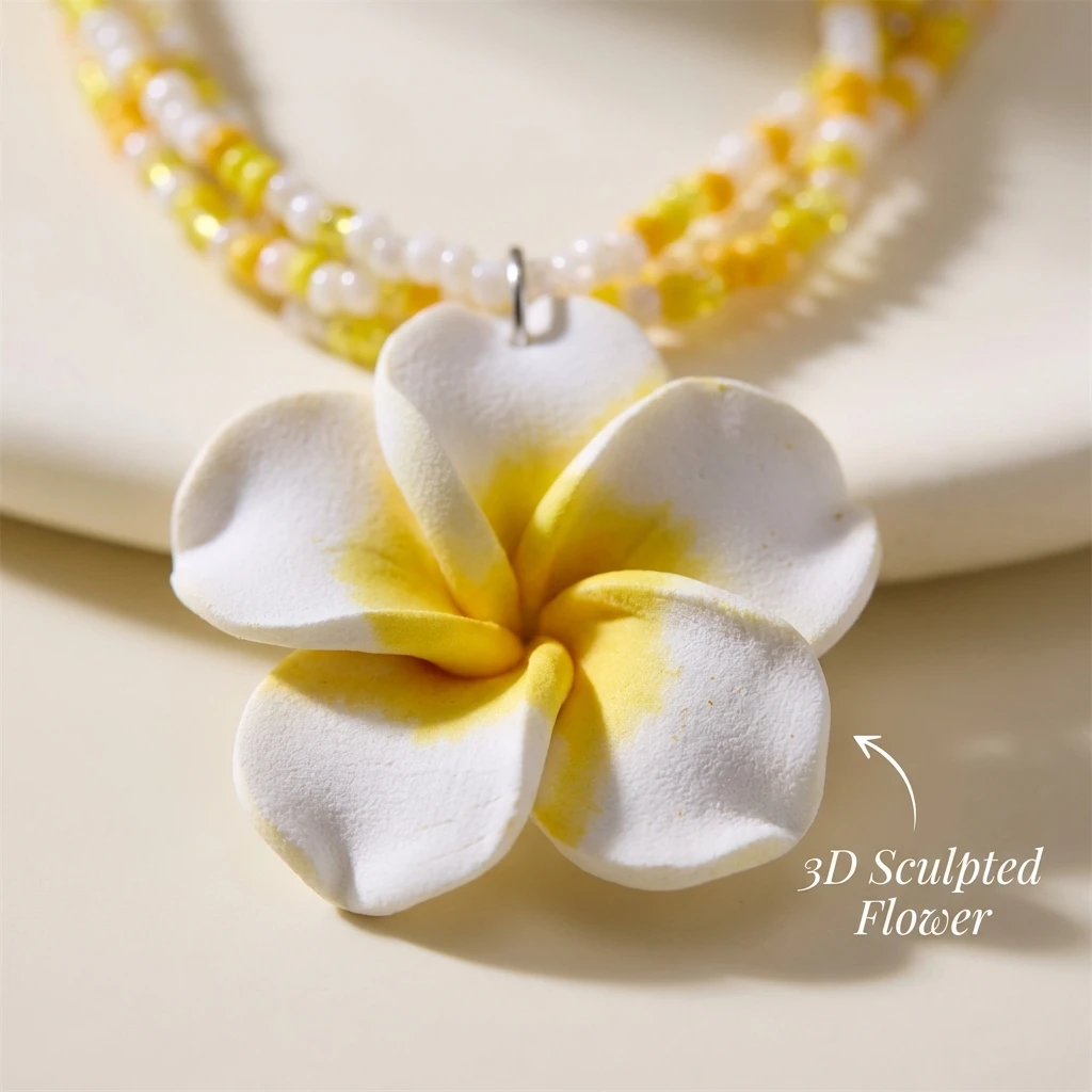 Einfaches Mehrschichtiges Reisperlen-Ketten- und Ohrring-Set für Damen, Trendige Polymer-Clay-Blumen-Halskette, Böhmischer Schmuck als Geschenk – Detail 3