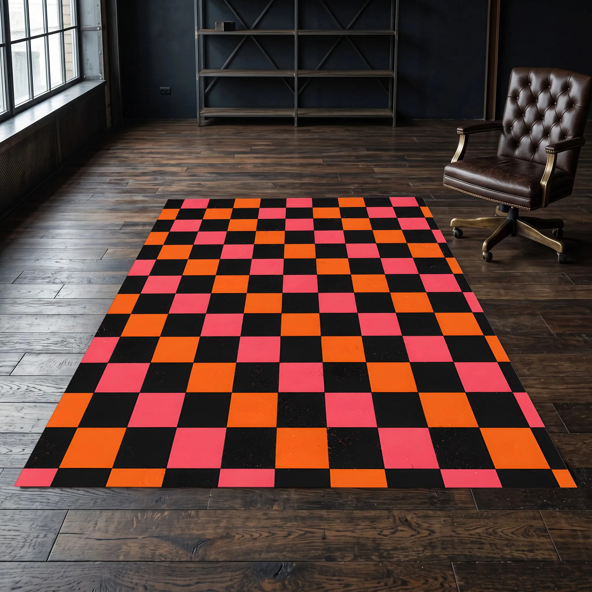 Velvet Rug Orange Black Pink Color Block Checkerboard for Entryway Living Room Bedroom Home Decor