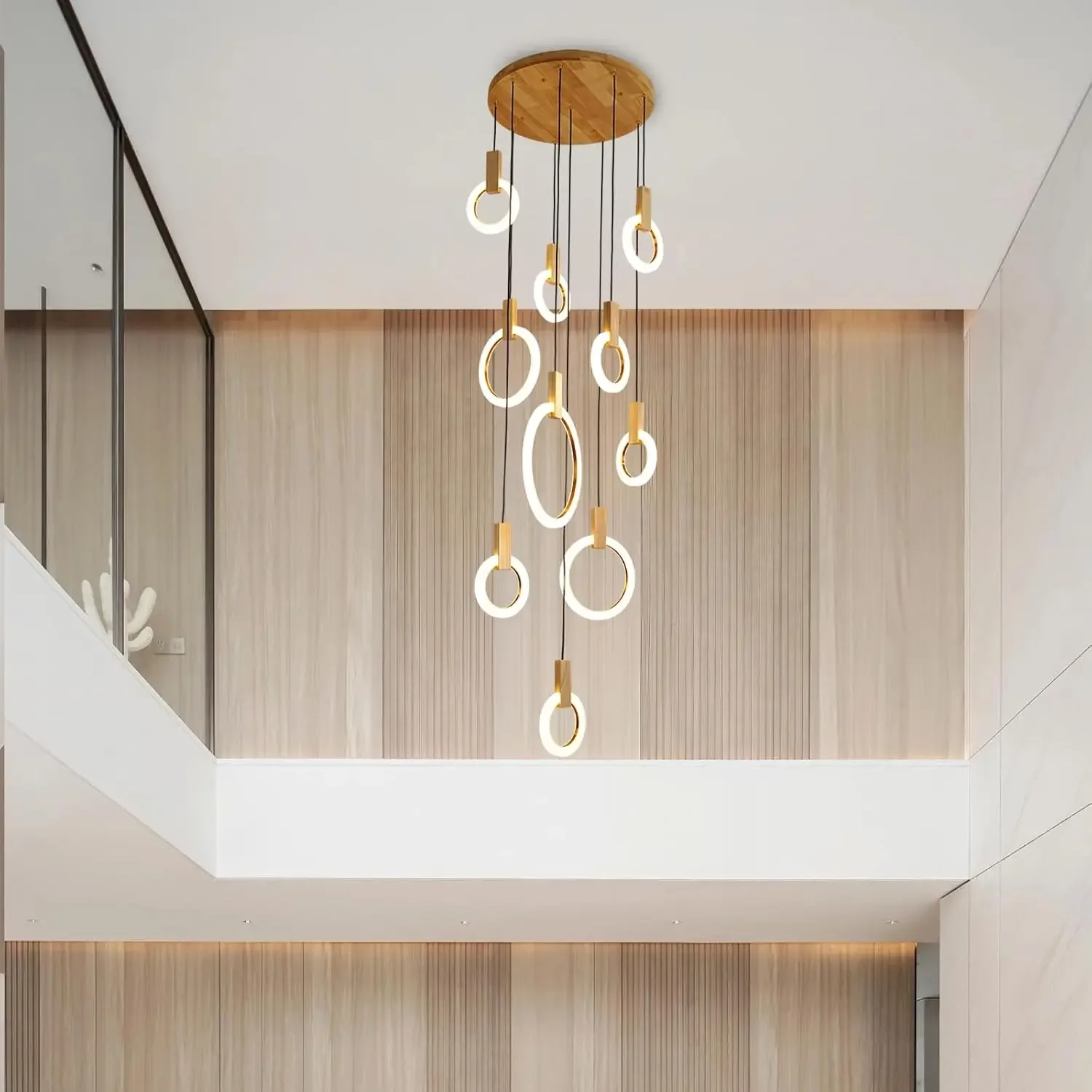 10 Rings Modern Dimmable LED Chandeliers for Staircase High Ceiling Living Room Wooden Base Acrylic Lampshade Pendant Light Hote