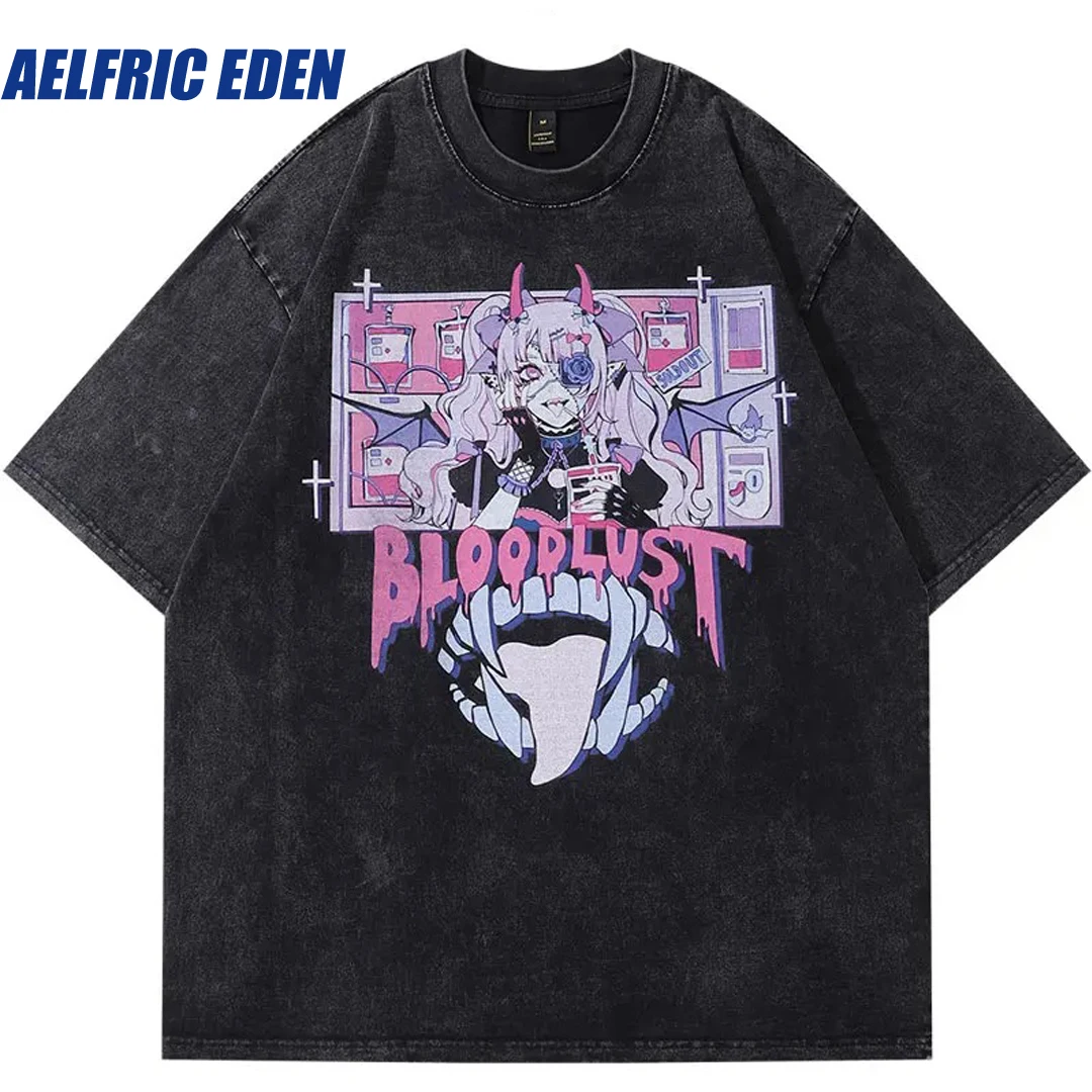 Aelfric Eden Japanese Anime Cartoon Devil Girl Teeth Graphic Print Washed Tshirt Vintage Hip Hop Harajuku Gothic Punk T-Shirt