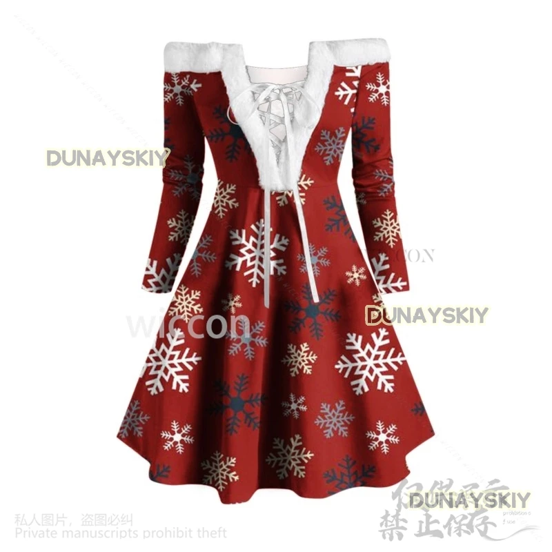 Anime 2024 Christmas Dress Elegant Snowflake Sexy Off Shoulder Long Sleeve Faux Fur Collar Lolita For Woman Girls Customized