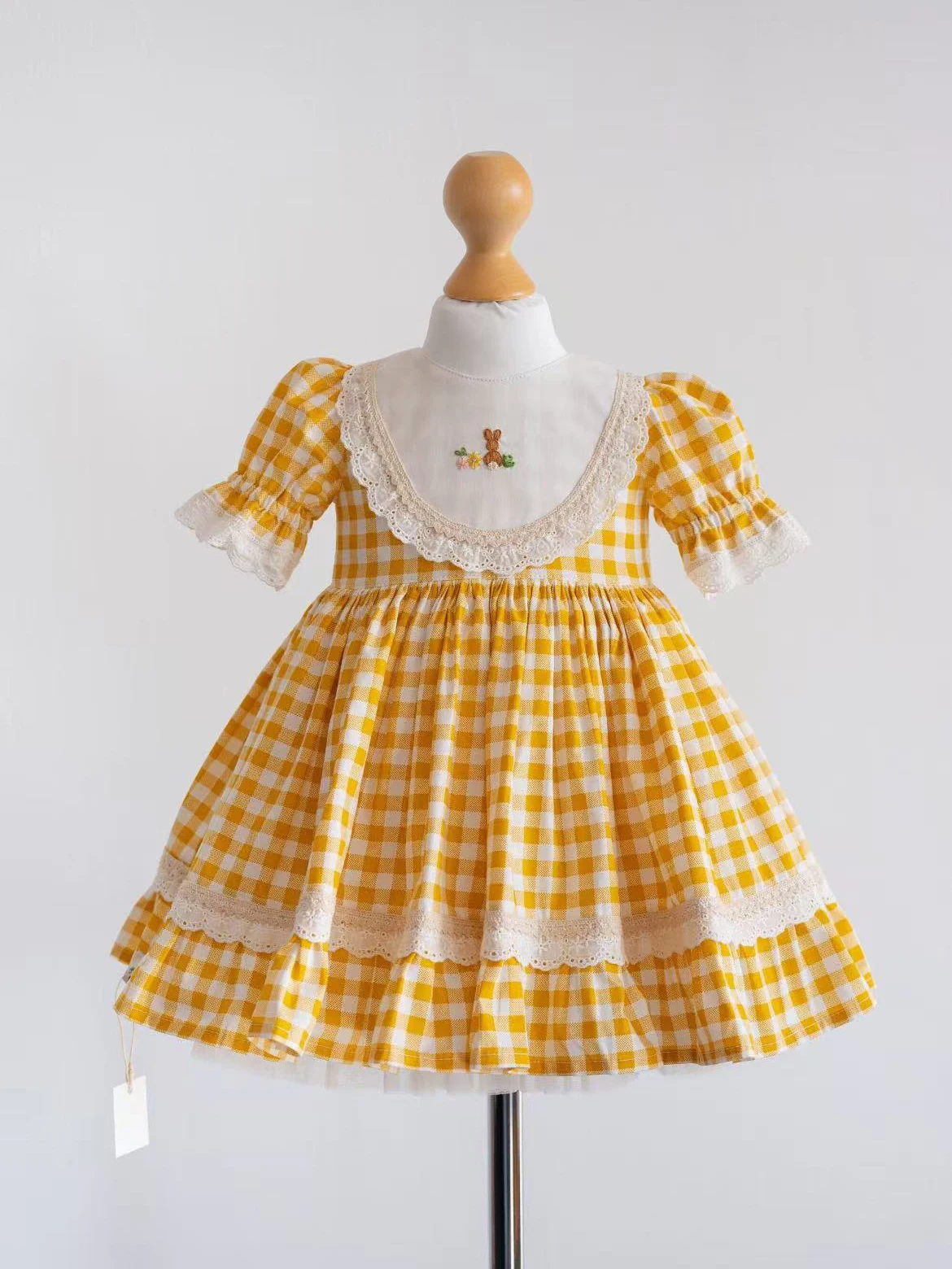 Girl Summer Yellow Plaid Rabbit Handmade Embroidery Turkish Vintage Lolita Princess Ball Gown Dress for Birthday Holiday Eid