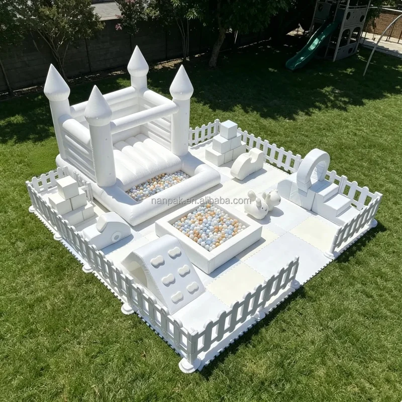 Soft Play Equipment with Inflatable Bounce House White Fence Slide Rocker Toddler Soft Play Items for Kids Birthday Party Rental