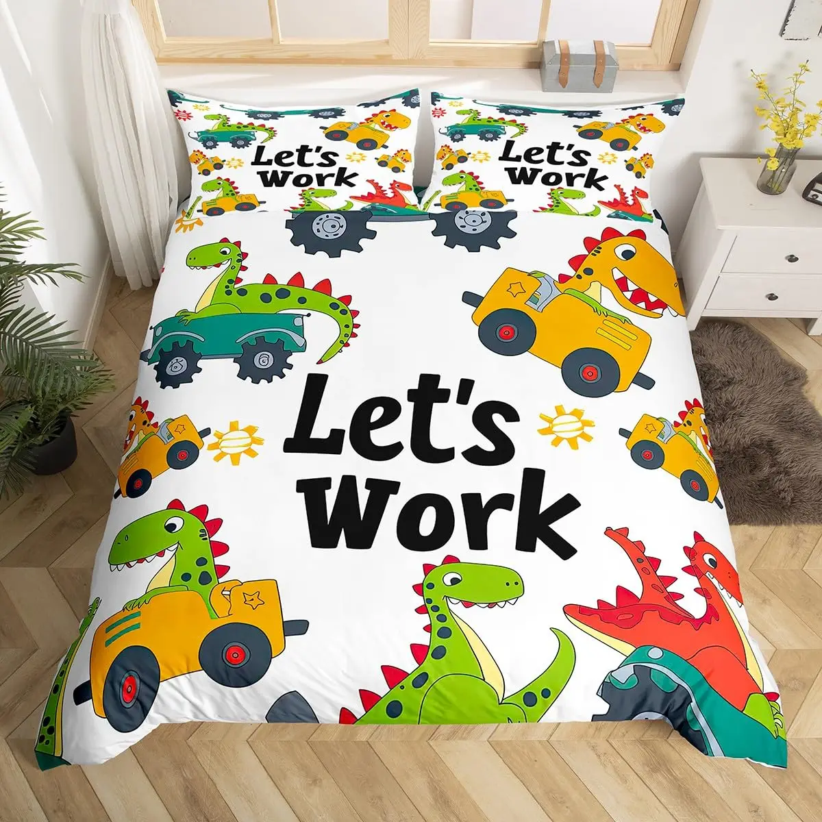 Excavator Dinosaur Duvet Cover Queen Construction Vehicles Bedding Set Equipment Trucks Comforter Cover Microfiber Quilt Cover