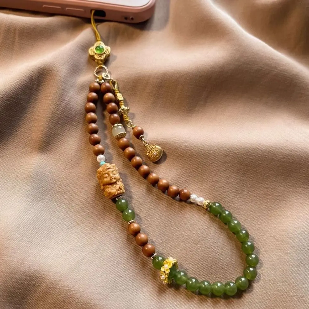 

Короткий винтажный ремешок для телефона в китайском стиле с бусинами, подвеска-органайзер для телефона, защита от падения, антикварный зеленый шнурок на запястье