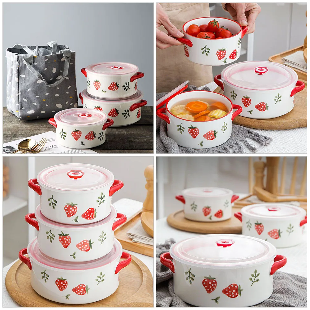 

Ceramic Strawberry Freshness Bowl with Double Handles Lidded Design Microwave Oven Safe for Food Storage Salad Fruit Bento Soup