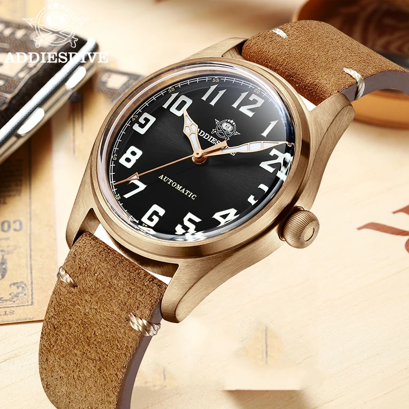 ADDIESDIVE Bronze Mechanical Wristwatches 200M Waterproof Automatic Watches Bubble Mirror Analog Watch Leather Luminous Retro
