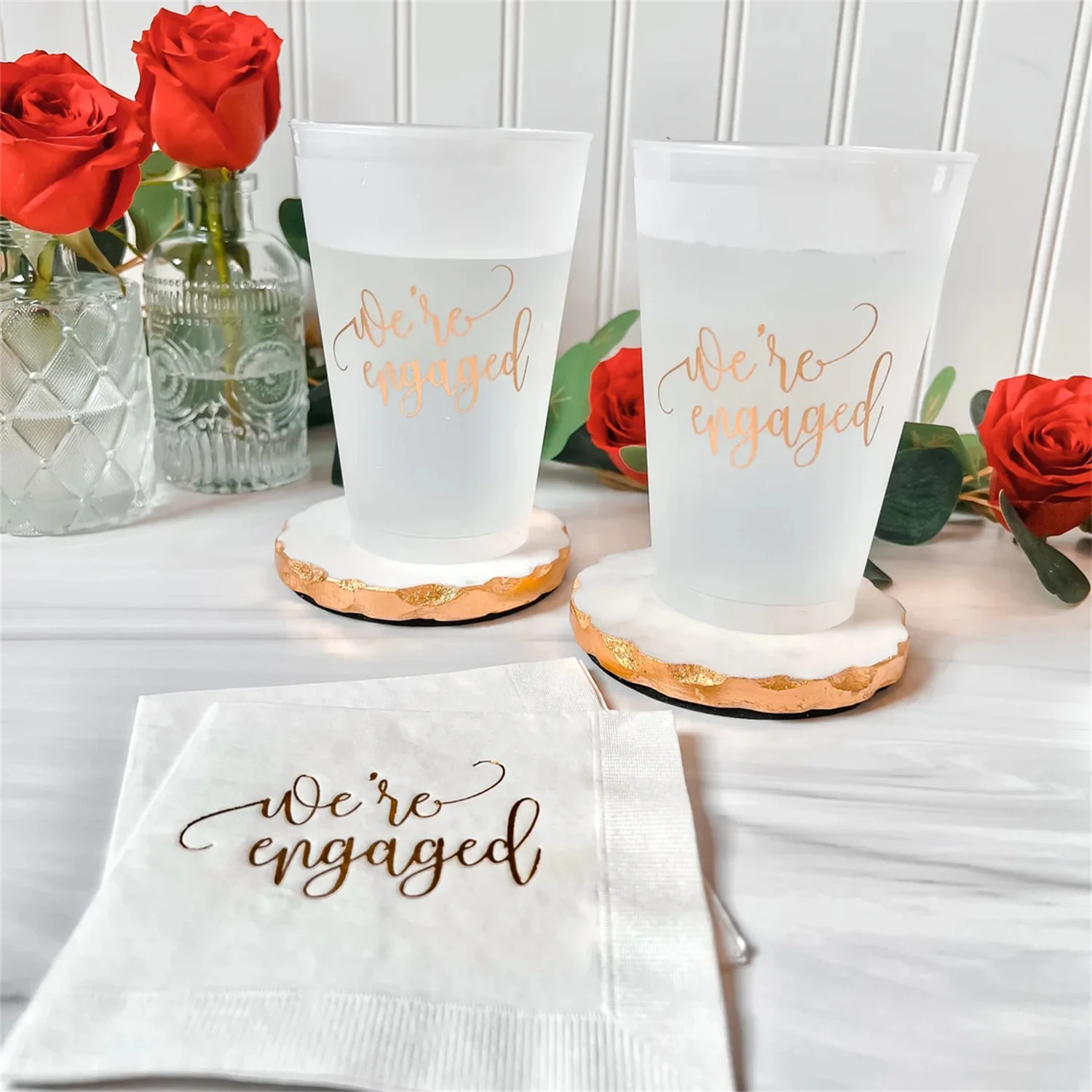 

50 PCS We're Engaged Engagement Party Cups and Napkins - Ready To Ship -White Napkins With Gold Foil, White Cups With Gold Ink,