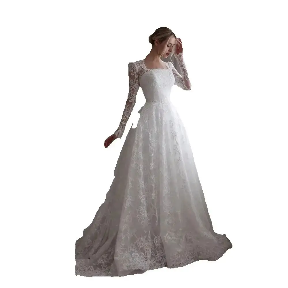 Bescheidene lange Ärmel voller Spitze A-Linie quadratischer Ausschnitt Sweep Zug Brautkleider Brautkleider Vestido de Noiva maßgeschneidert für Frauen