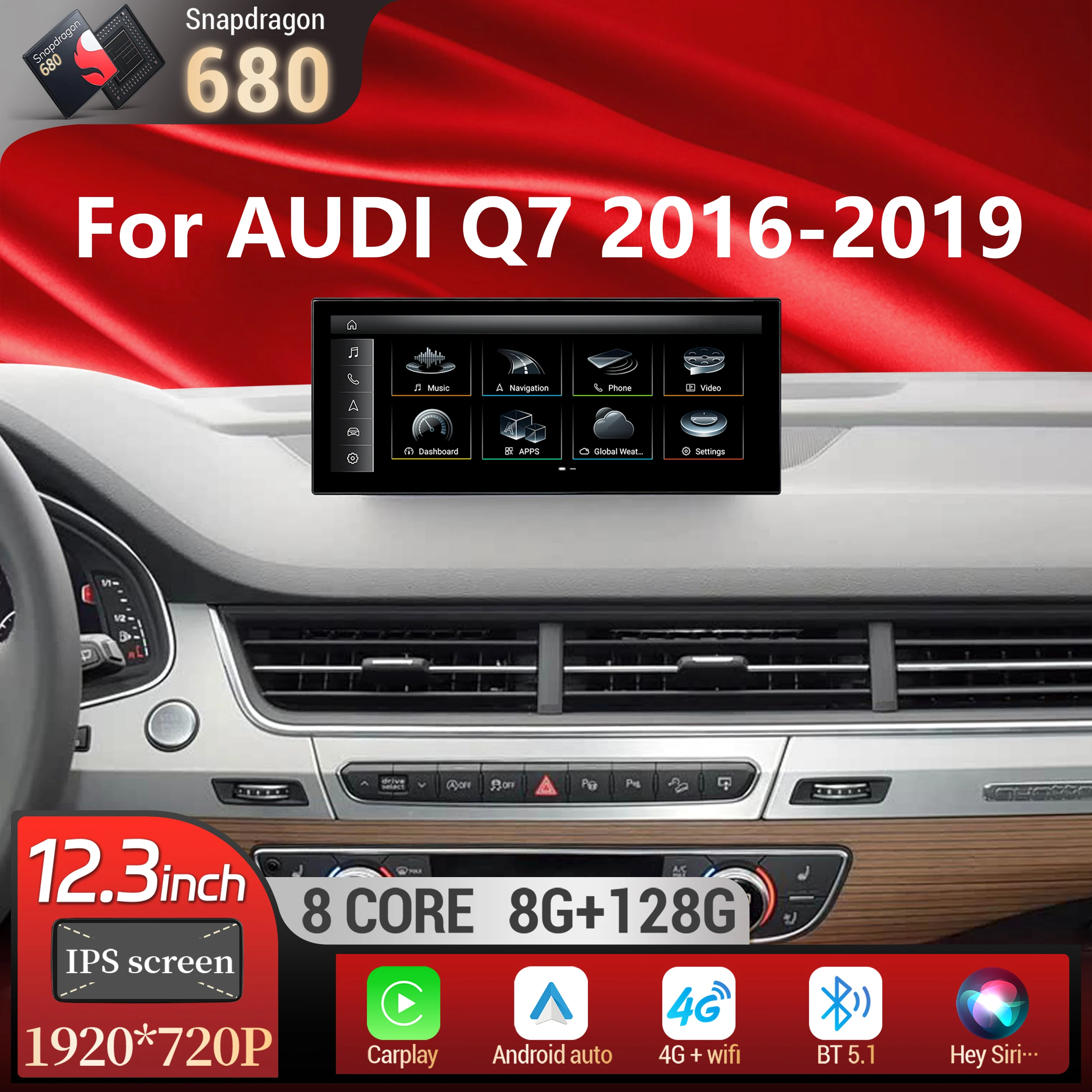 12.3 inch For AUDI Q7 SQ7 2016-2019 Left Hand Drive Android 14 Car Radio Wireless Carplay Qualcomm Snapdragon 680 Touch Screen