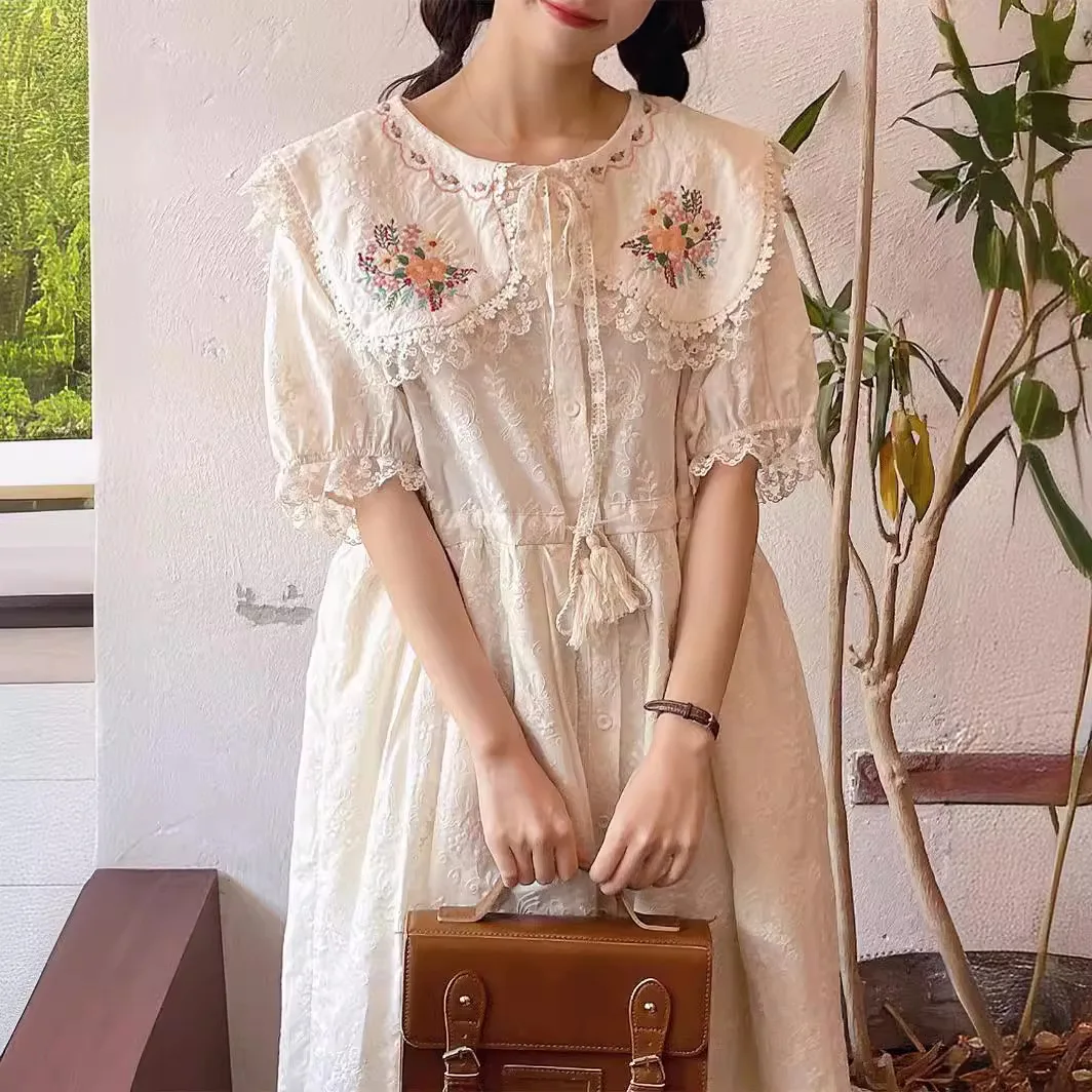 Sweet Women\'s Embroidered Flower Dress Mori Gril Doll Collar Short Sleeve Long Dresses Preppy Summer Casual Loose Vestidos Robe