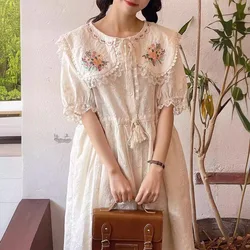 Sweet Women's Embroidered Flower Dress Mori Gril Doll Collar Short Sleeve Long Dresses Preppy Summer Casual Loose Vestidos Robe