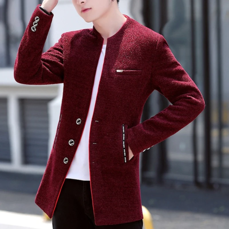 Męska kurtka wełniana średniej długości na zimę 2025, gruba, ocieplana aksamitem, ciepła, codzienna wiatrówka, modna męska kurtka biznesowa, elegancka, dopasowana kurtka wełniana.