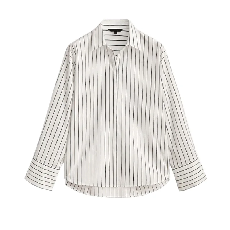 Spring  MD Loose Striped irt Long Sve Single Button Design Sensation Turn-down Collar Women's Faion Premium Quali