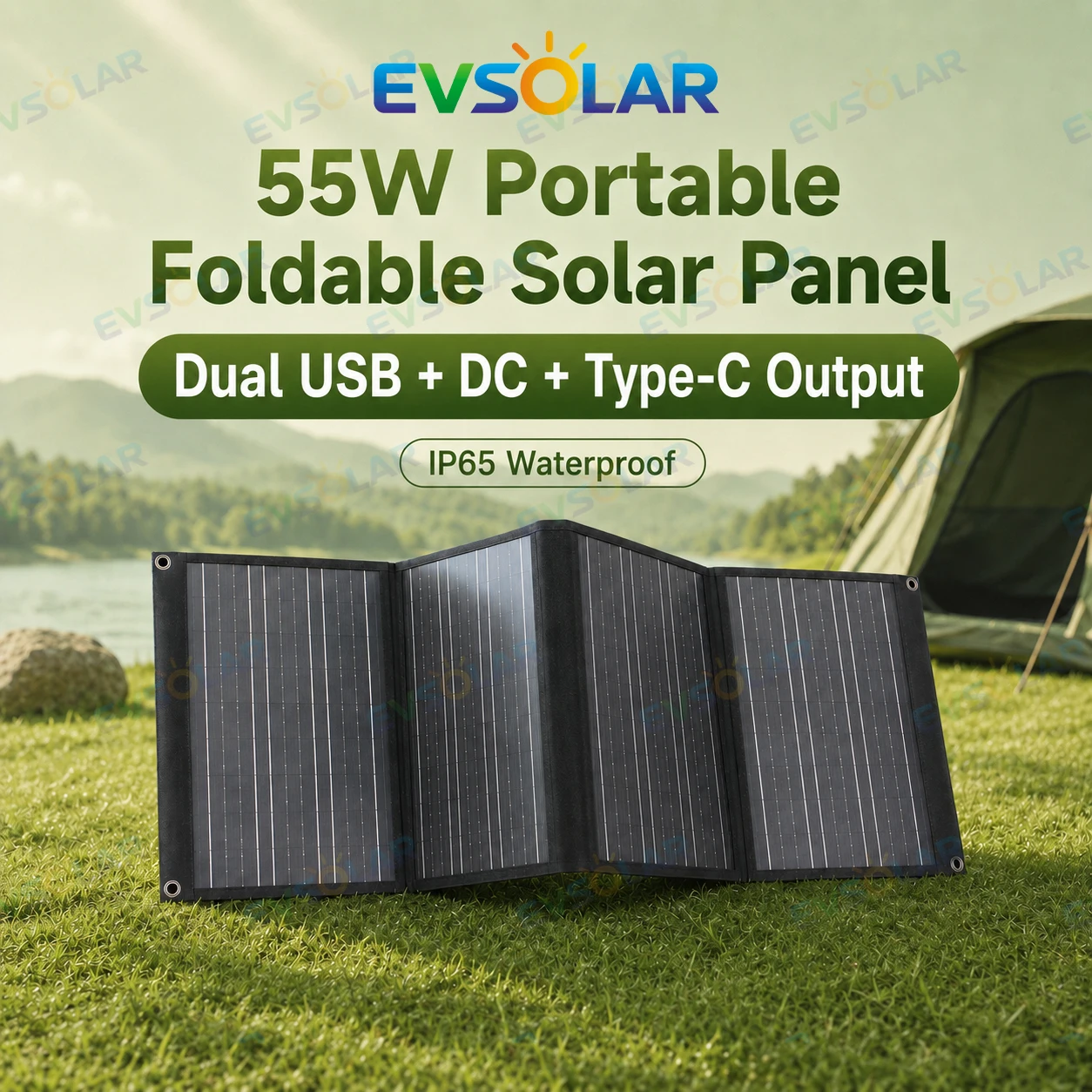 Portable 55W Foldable Solar Panel with Dual USB Type-C DC Output for Camping RV Outdoor Use IP65 Waterproof PV
