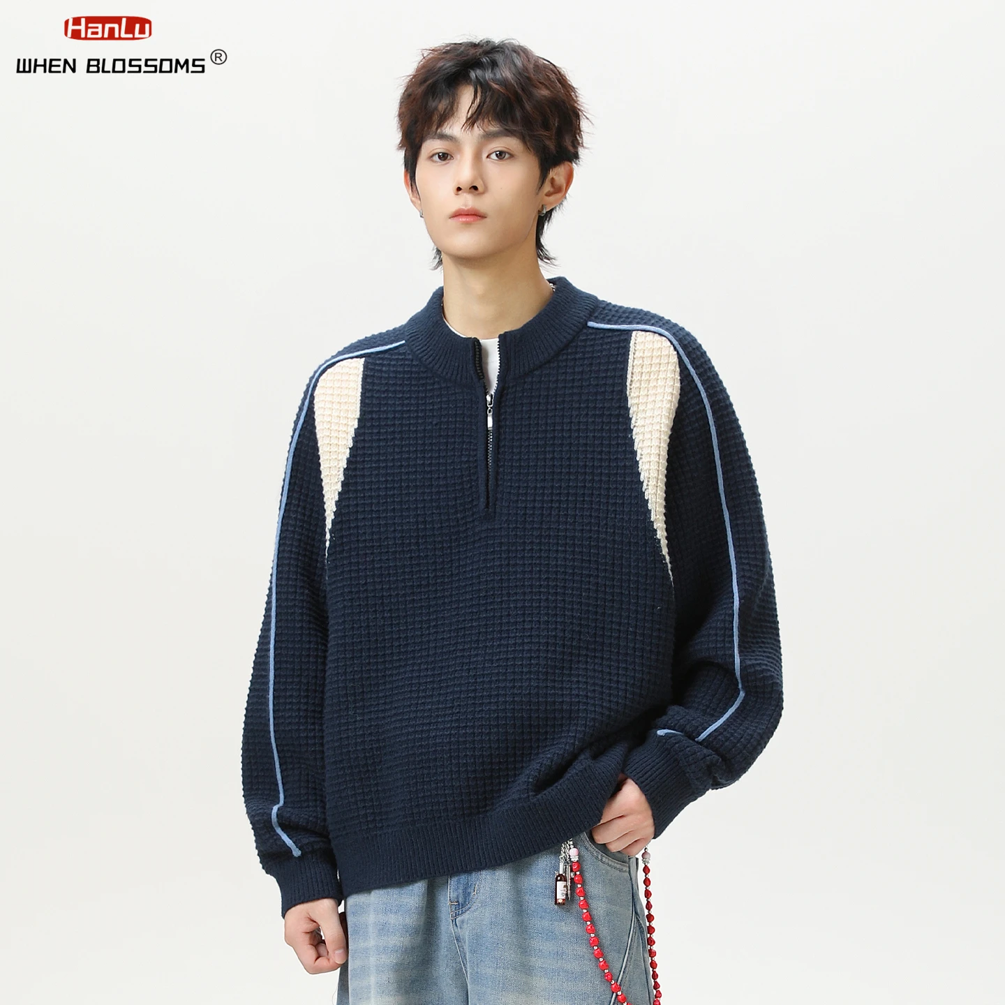 

Hanlu 2025 Unisex Color Block Pullover Half Zip Mid-Collar Sweater Couple Grid Texture Warm Knitwear Winter Coat