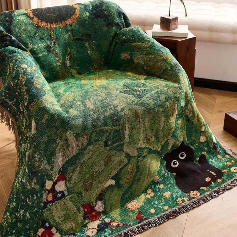 Oil Painting Vintage Sofa Cover Throw Blanket, Mid-Century Couch Slipcover All-Season Universal Fit for Single Sofa