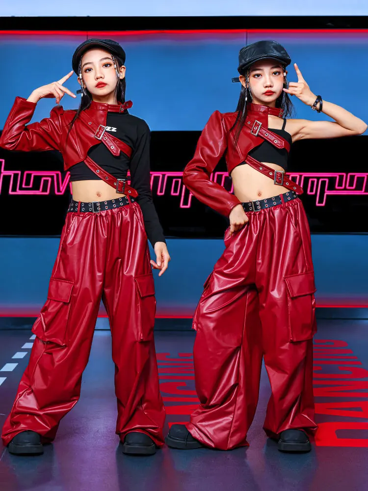 2026 New Kids Hip Hop Clothing Crop Top Wine Red Arm Sleeve Faux Leather Casual Cargo Pants For Girl Jazz Dance Costumes Clothes