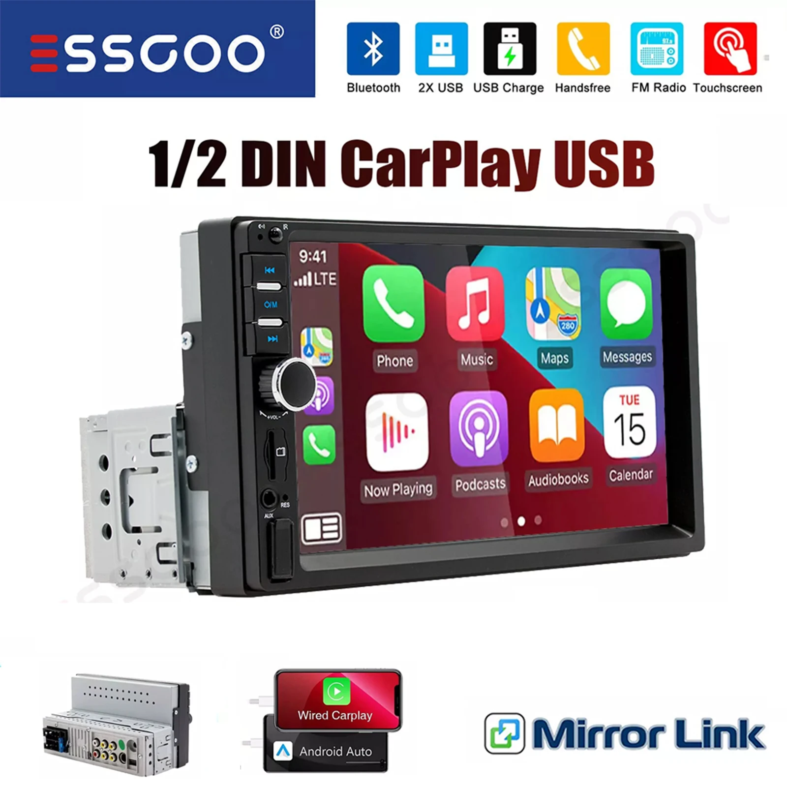 ESSGOO 7 inch 1 DIN Universele Autoradio Stereo Bedrade Apple Carplay Android Auto Bluetooth TF USB AUX HD Touchscreen Hoofdunit