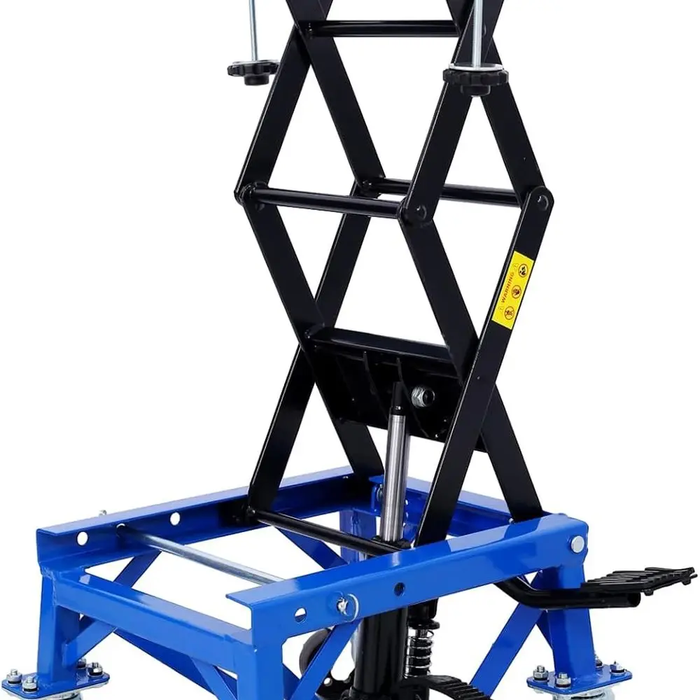 

Blue 300-lb Capacity Hydraulic Scissor Jack for Small Motorcycles with Lift Step and Wheels