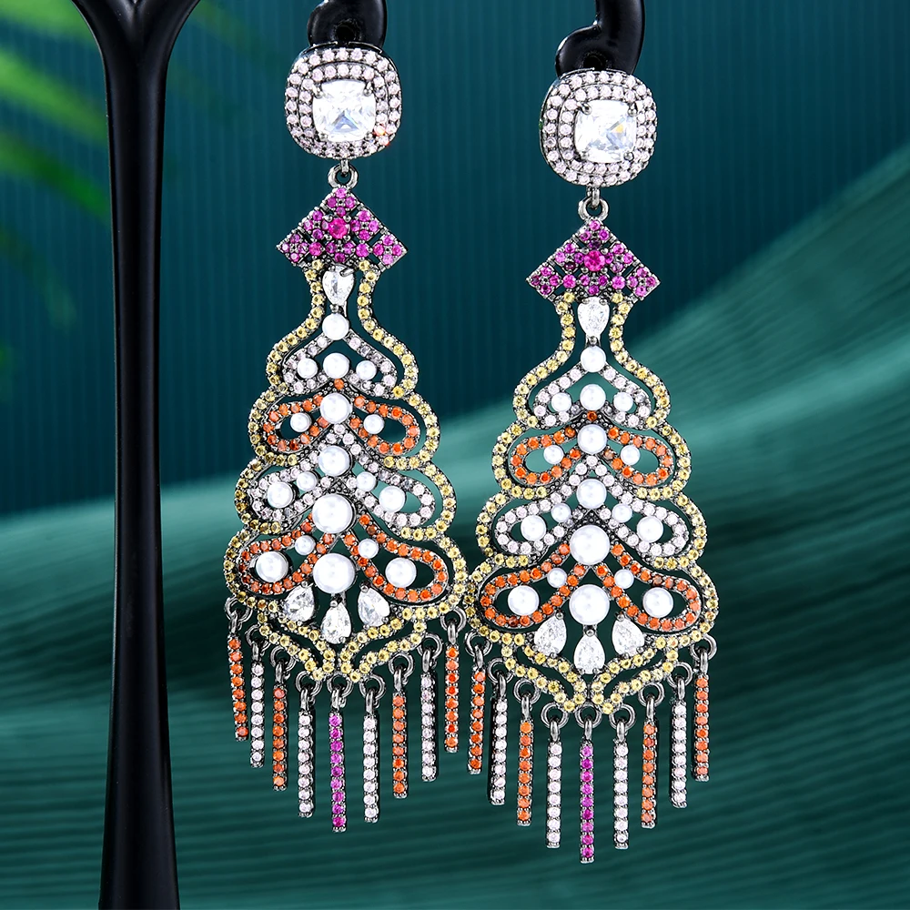 

Jimbora Luxury Long Tassel Dangle Earrings for Women Bridal Wedding Multicolor CZ Bijoux High Quality Brand Gorgeous Trendy