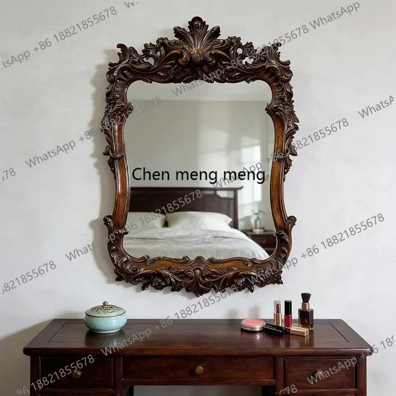 a17 American carved bathroom mirror retro new Chinese vanity mirror wall mounted home makeup mirror living room wall