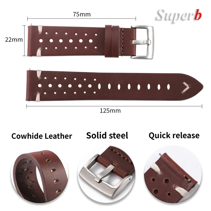 Oil Wax Cowhide Genuine Leather Watch Band 20mm 22mm Handmade Retro Strap Solid Steel Buckles for Men Women Breathable Bracelet