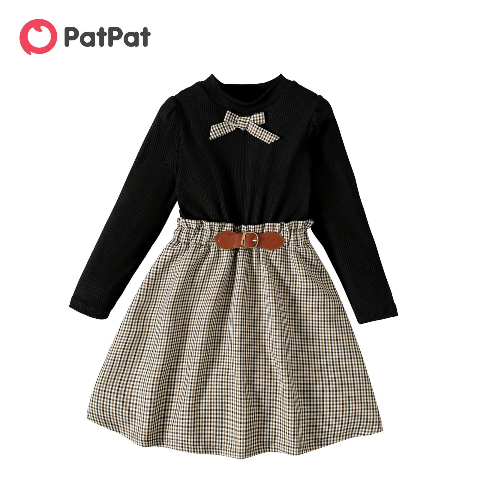 

PatPat 2pcs Kid Girl Bowknot Design Mock Neck Long-sleeve Black Tee and Plaid Skirt Set