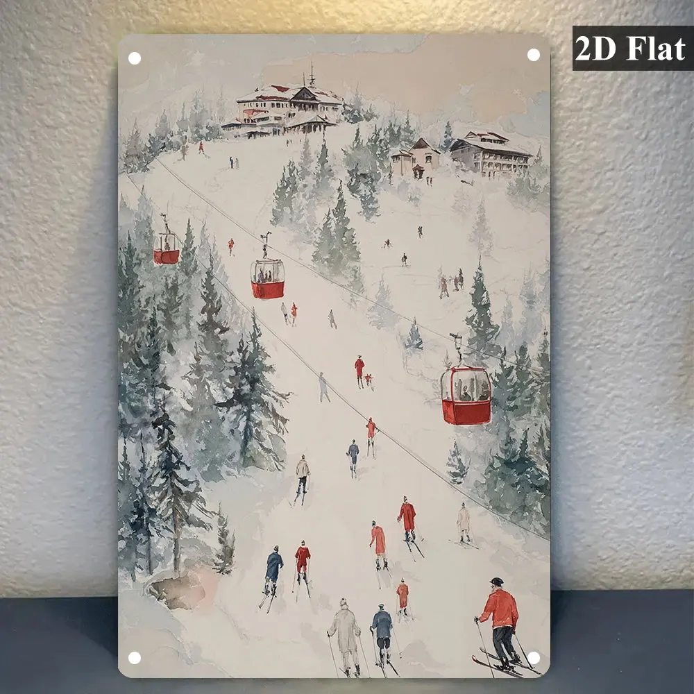 2D Flat, 1pc Vintage Winter Ski Resort Metal Wall Art Sign - Ski Lift & Ski Run Design with Skiers/Snowboarders, Red Cable -
