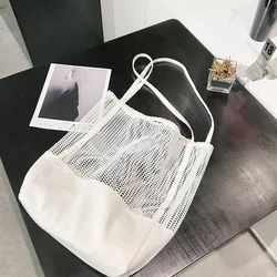 Korean Style Grid Handbag Fashion Mesh Hollow Out Sandy Beach Package Canvas Single Shoulder Bag Large Capacity Women Bags