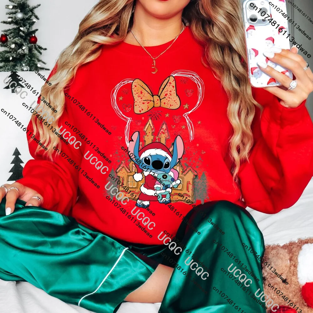 

Рождественский свитшот Disney Stitch, Рождественский пуловер с головой Минни, Санта-Ститч, Рождественское путешествие, женский пряничный рождественский топ