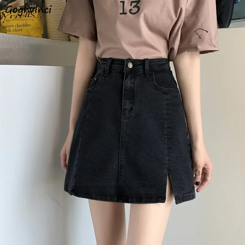 

Skirts Women Fashion Female Side Split Design Summer Button College Black Streetwear Korean Style Cool All Match Denim Daily Ins