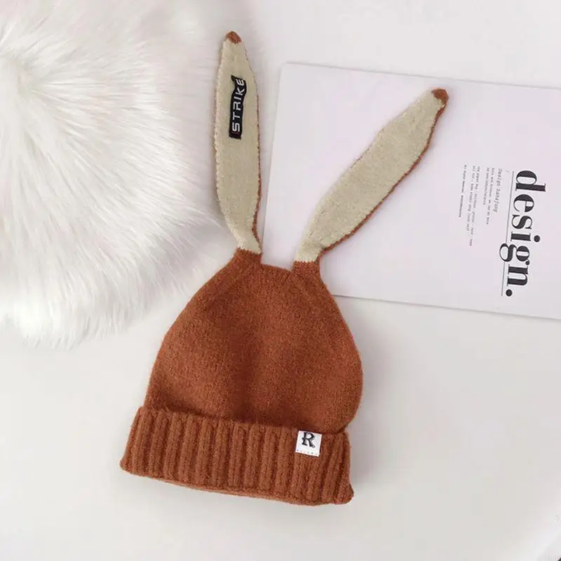 Women Girls Knitted Beanie Hat Long Rabbit Ears Letters Patch Student Stretchy Warm Cosplay Cuffed Skull Cap Y08E