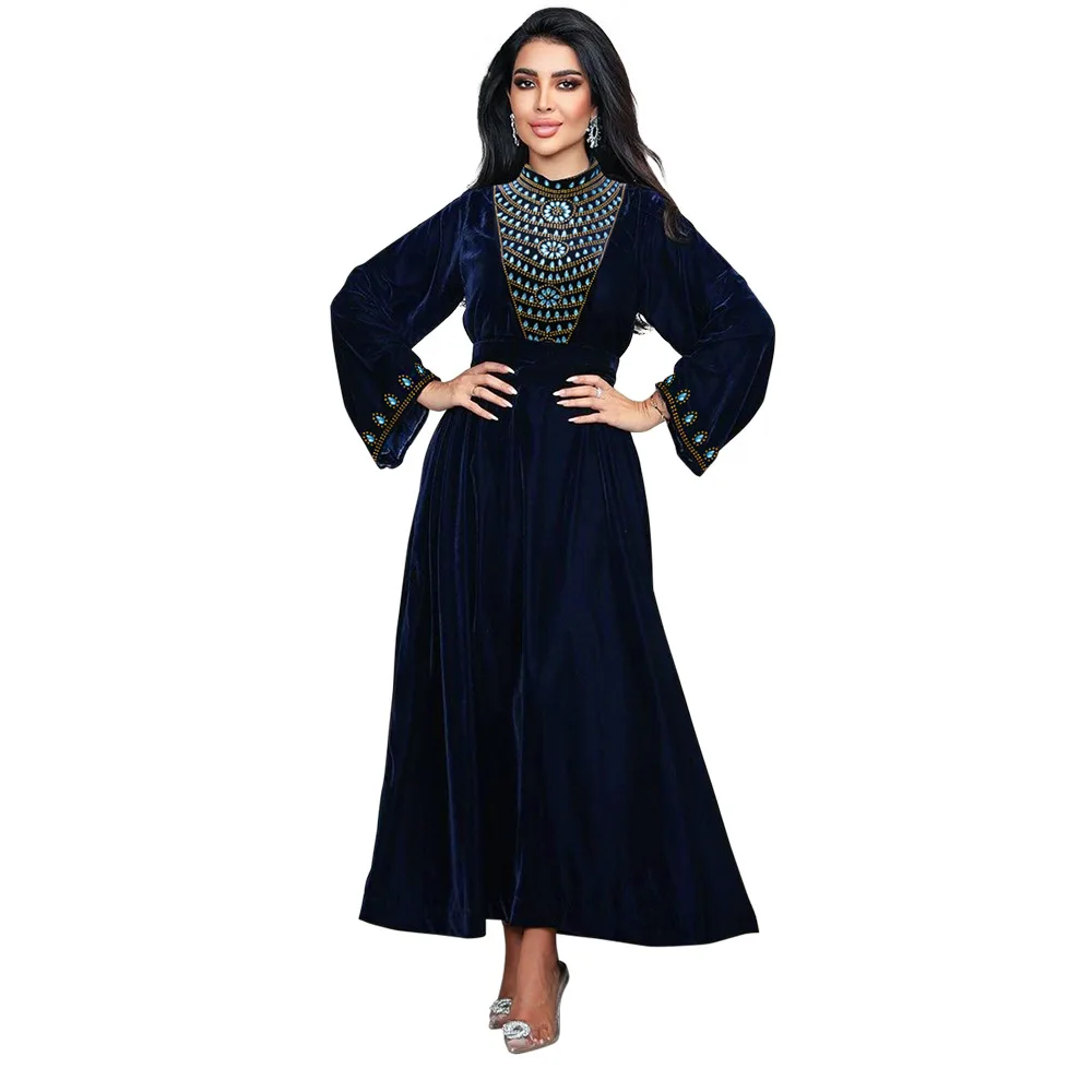 Islamic Ramadan Muslim Luxury Fashion Dubai Suede Banquet Dress Robe Blue Water Drop Hot Diamond Jalabia Women's Clothing