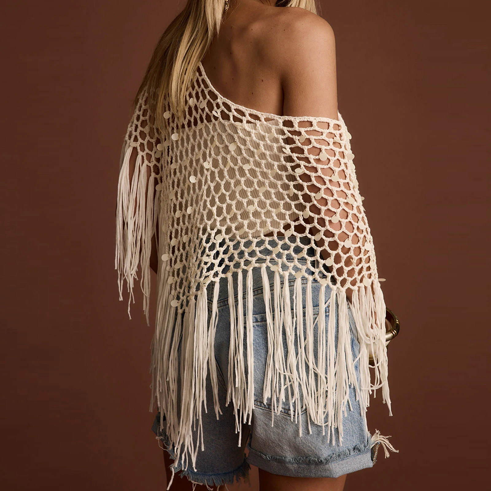 

Womens Sheer Poncho Top See Through Knit Shrug Shawl Pullover Lightweight Asymmetrical Sweater Beach Cover Up