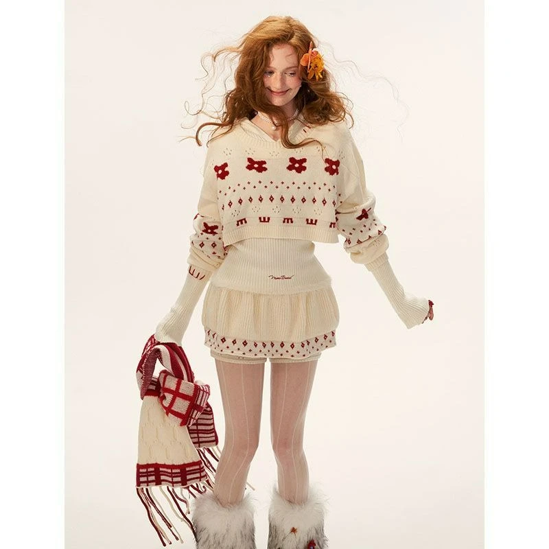 

Осень/зима 2026, новый стиль, модные свободные брюки, юбка, комплект из двух предметов, жаккардовый короткий вязаный свитер с круглым вырезом для женщин