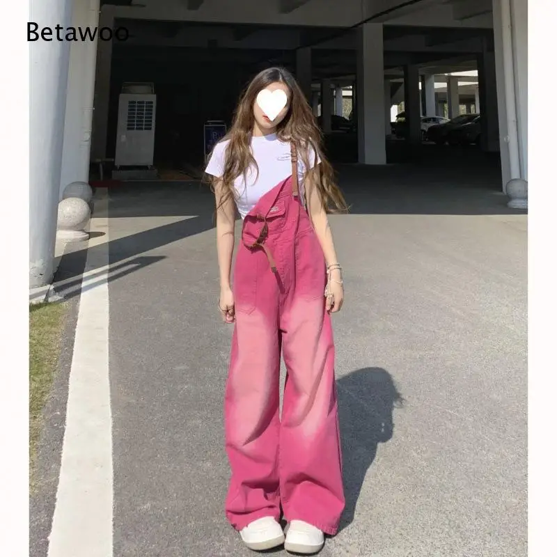 Ladies Faded Wash Pink Denim Bib Overalls Loose Fit Wide Leg Trousers Front Pocket Straps Fashion Jumpsuit for Daily Wear