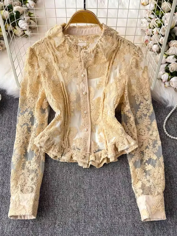 

French Vintage Blouses Peter Pan Collar Crop Tops Solid Color Lace Hook Flower Shirts Spring Female Slim Elegant Women Clothing