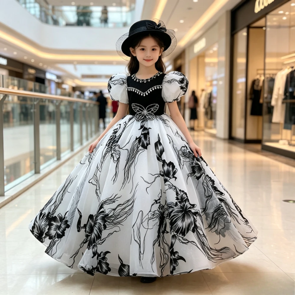 Children Birthday Performance Dress Kids Formal Attire Party Princess Gown Girls Flower Girl Wedding Long Pageant Host Piano