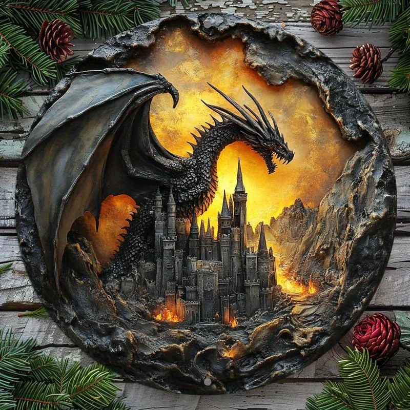 Fantasy Dragon Castle Round Metal Tin Sign Mythical Creature Wall Plaque for Home Bedroom Living Room Wall Hanging Decor Art