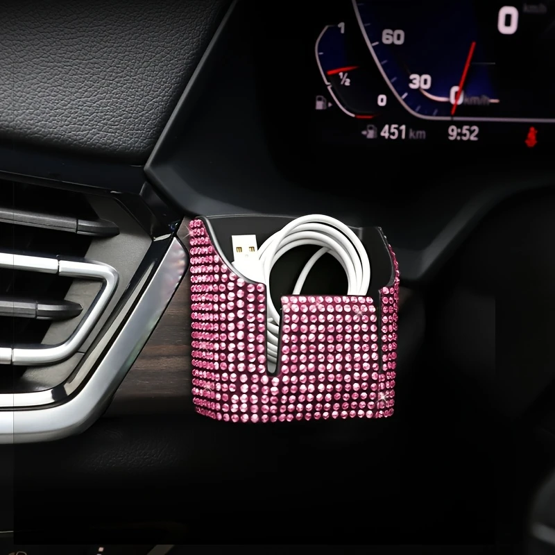 Crystal Diamond Car Vent Storage Box Auto Leather Organizer Glasses Key Card Holder Pink Decor Car Accessories for Women