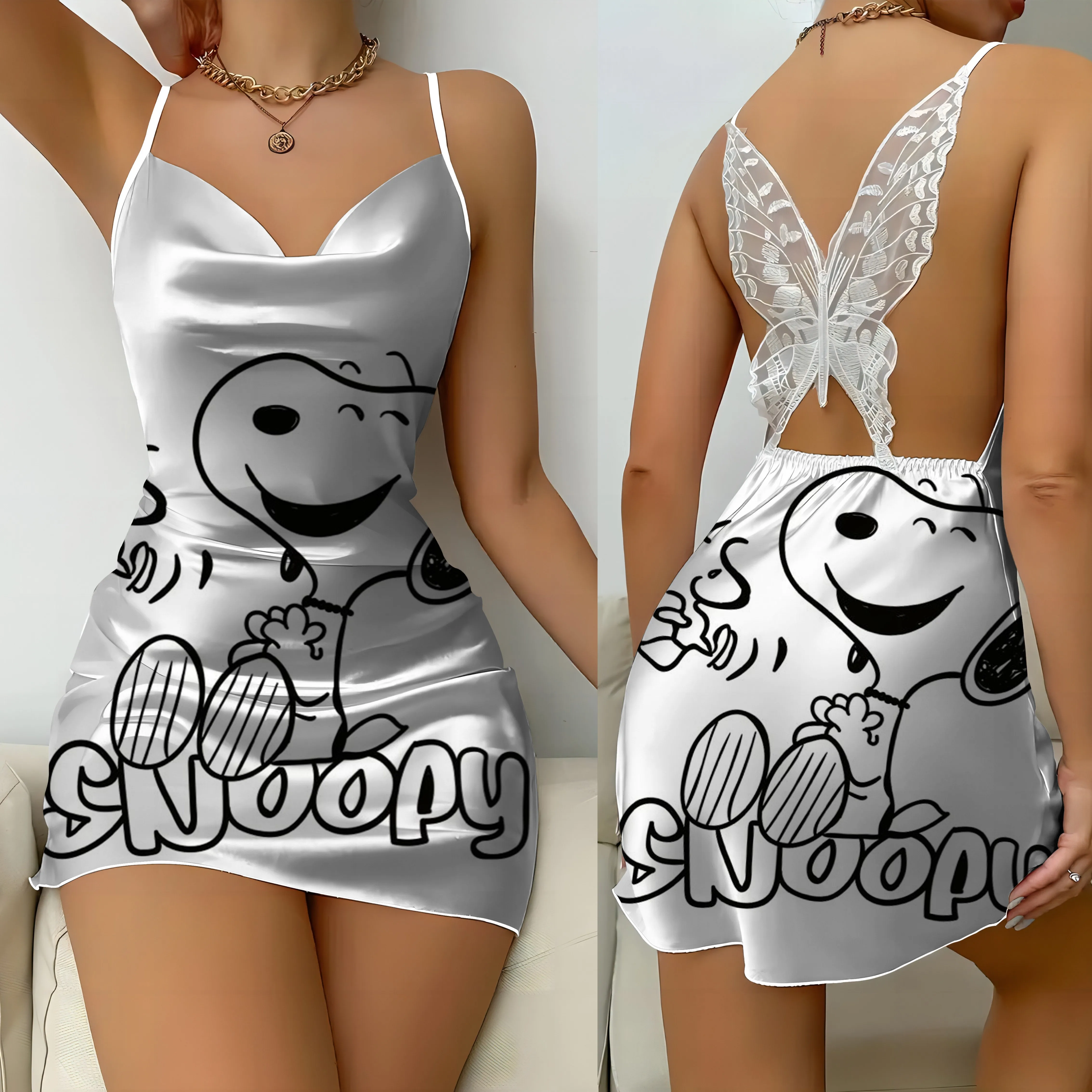 Short Dresses Off Shoulder Snoopy Home Dress Satin Surface Bow Knot Pajama Skirt Womens Fashion Summer 2024 Party Mini Sexy Lace