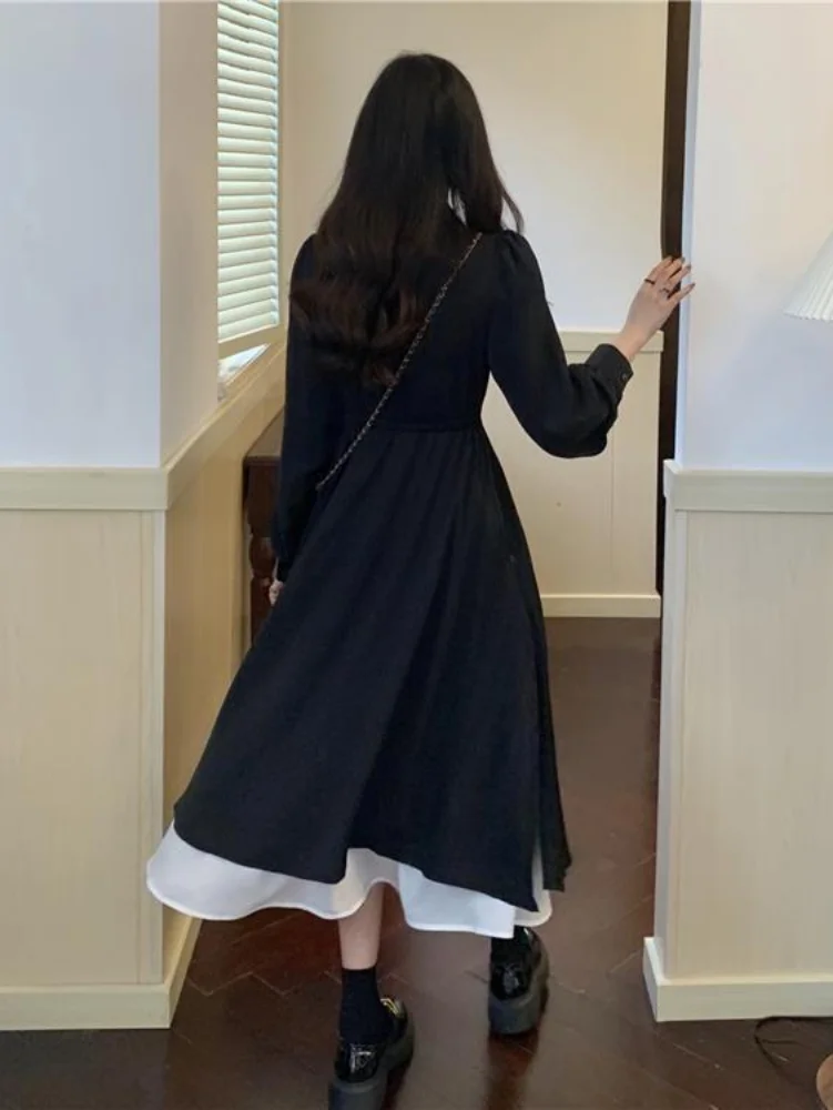 Vestido camisero negro de estilo coreano para mujer, vestidos Midi informales para estudiantes de escuela, cuello vuelto, moda de otoño, nuevo, 2022