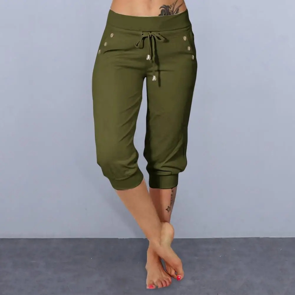 Women Cropped Pants Elastic High Waist Adjustable Drawstring Mid-calf Pants with Pockets Solid Color Stretchy Yoga Sweatpants
