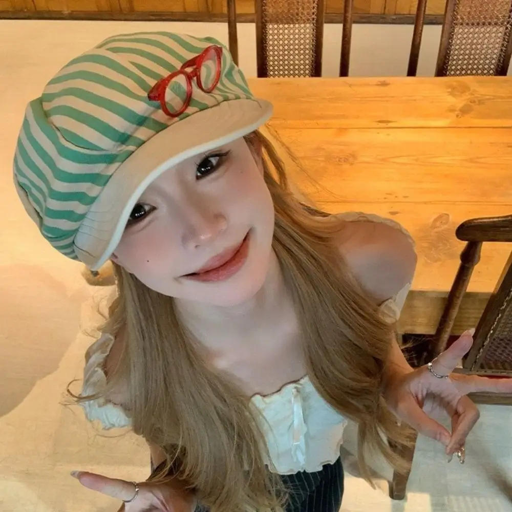 قبعات كورية كلاسيكية مخططة متعددة الاستخدامات قبعات رسام كلاسيكية Y2k قبعة صغيرة غير رسمية للنساء #3