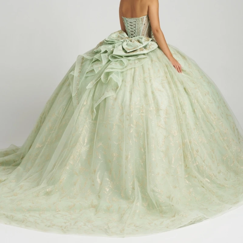 Green Glitter Quinceanera Dresses Off Shoulder Ball Gown Sweet 16 Dress Gold Applique Beads Bow Tull Party Birthday Vestidos 15