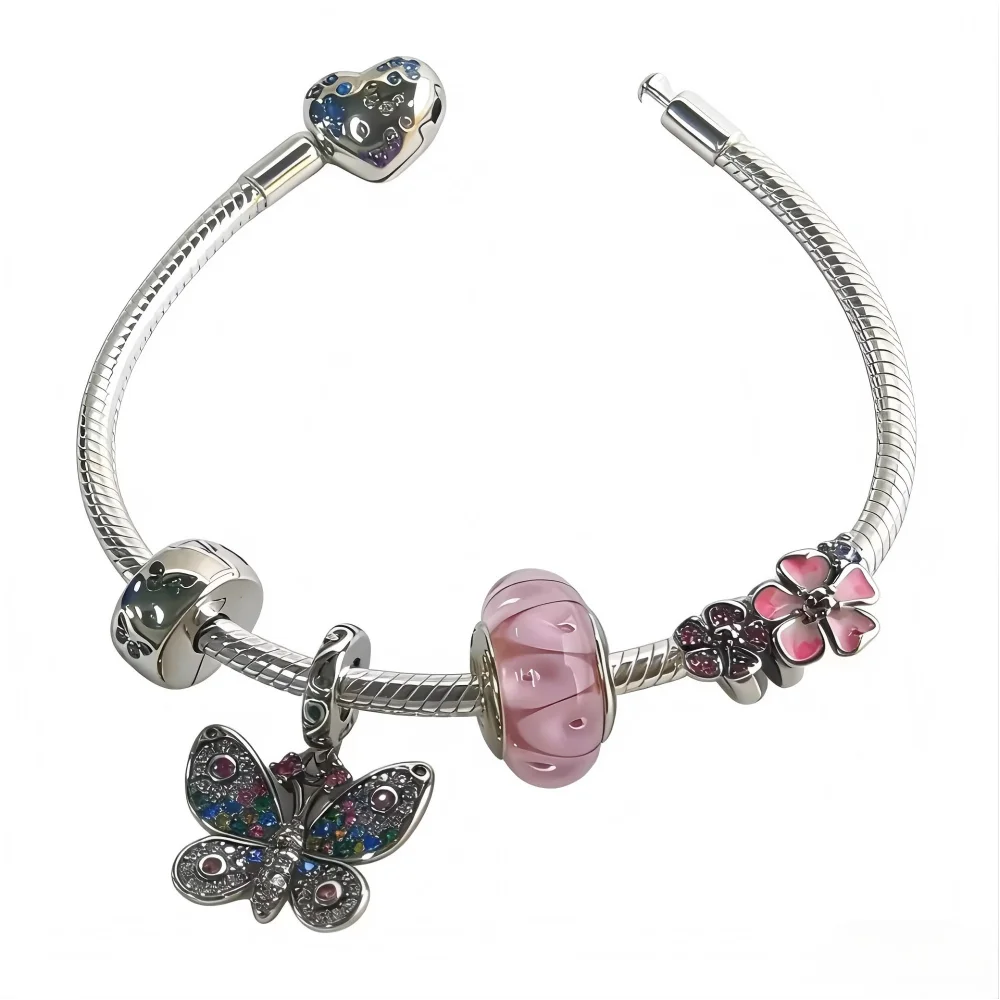 

Charms Jewelry Set 925 Silver Pink Flower Beads Colored Zircon Butterfly Pendant Heart-shaped Bracelet Jewelry Gift with Box