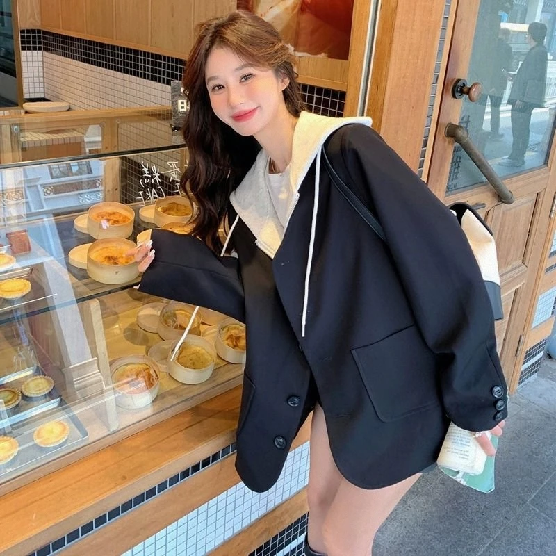 Black Casual Design Hat Two-Piece Suit Women's Spring Autumn Short Outerwear Slimming Small Size Korean Style