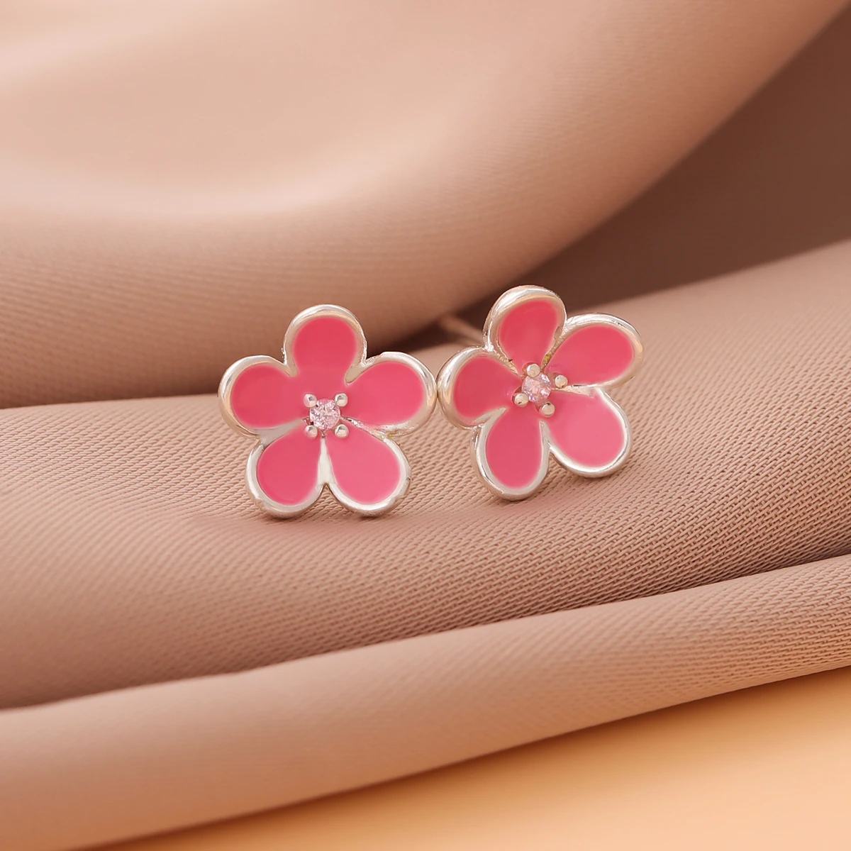 Cute Literary Flower 925 Sterling Silver Pink Epoxy Crystal Stud Earrings