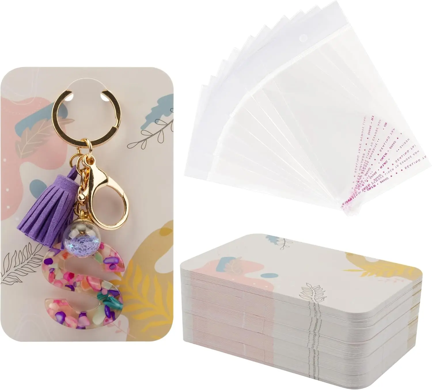 

100 Pcs Keychain Display Cards with Self-Sealing Bags, 3'' x 4.7'' Holder for Jewelry Packaging Supplies